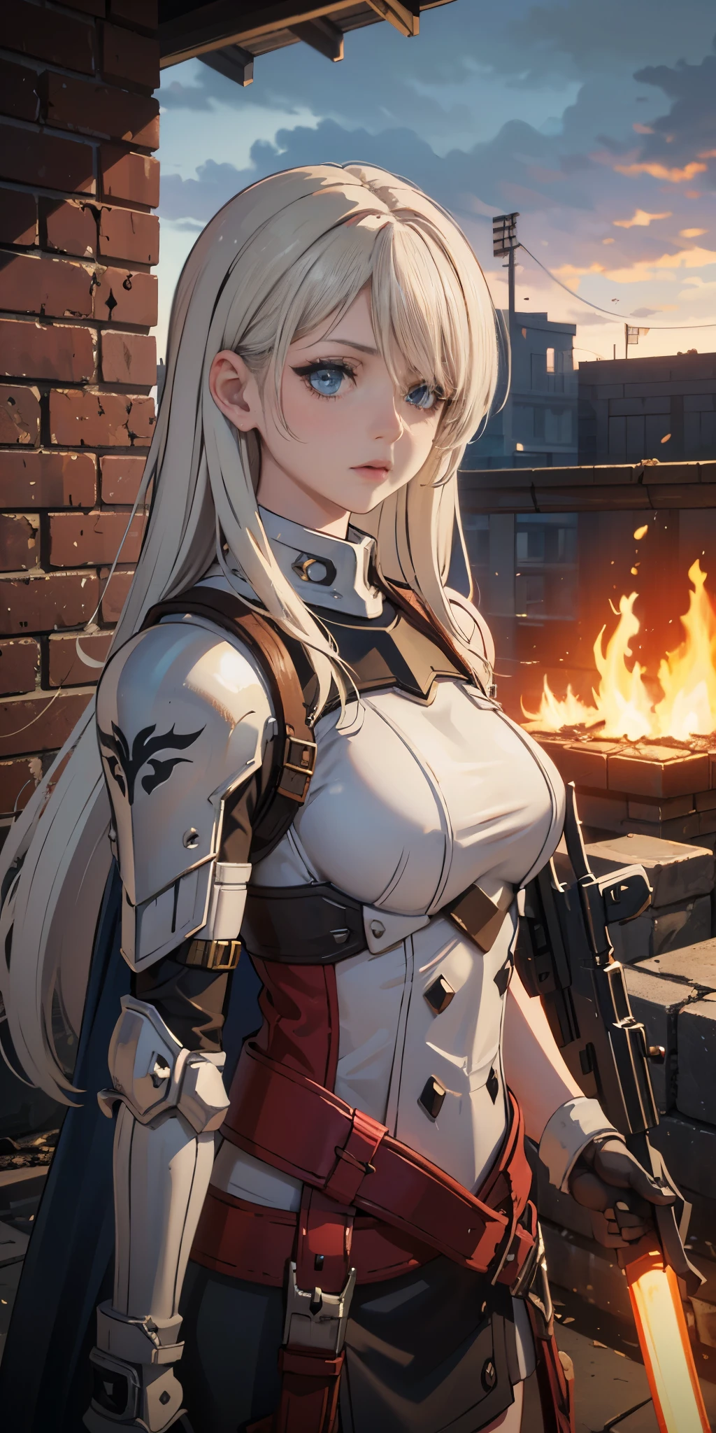 (masterpiece:1.2), (best quality:1.2), perfect eyes, perfect face, perfect lighting, 1girl, mature whsororitas with a laser rifle in her hands, scar over one eye, eyepatch, red tabard, white hair, warhammer 40k, chaos, fire, scifi, detailed ruined city background, power armor