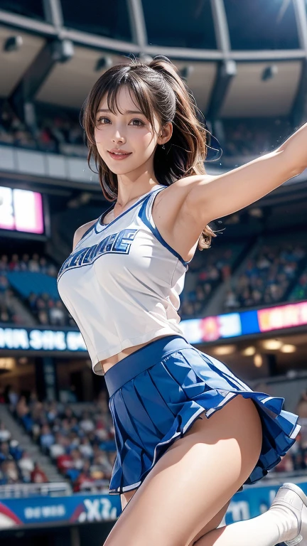 (8K, best quality, masterpiece:1.2), (realistic, photo-realistic:1.37), (high color saturation:1.0), (highly detailed skin), (highest quality:1.0), (ultra high resolution:1.0) ,(realistic:1.0), (Super detailed:1.0), (8K, Raw photo:1.1)、random pose, smiling, small breast, perfect lighting, solo, 1girl, (mysterious), (blurred background), clear and detailed, dancing, cheerleading_uniform, hold in hand pompoms, ((indoor_stadium)), low angle, blue and white stripe skirt, raise one legs, no panties, inverted nipples, jumping pose, software, full body shot、nsfw,