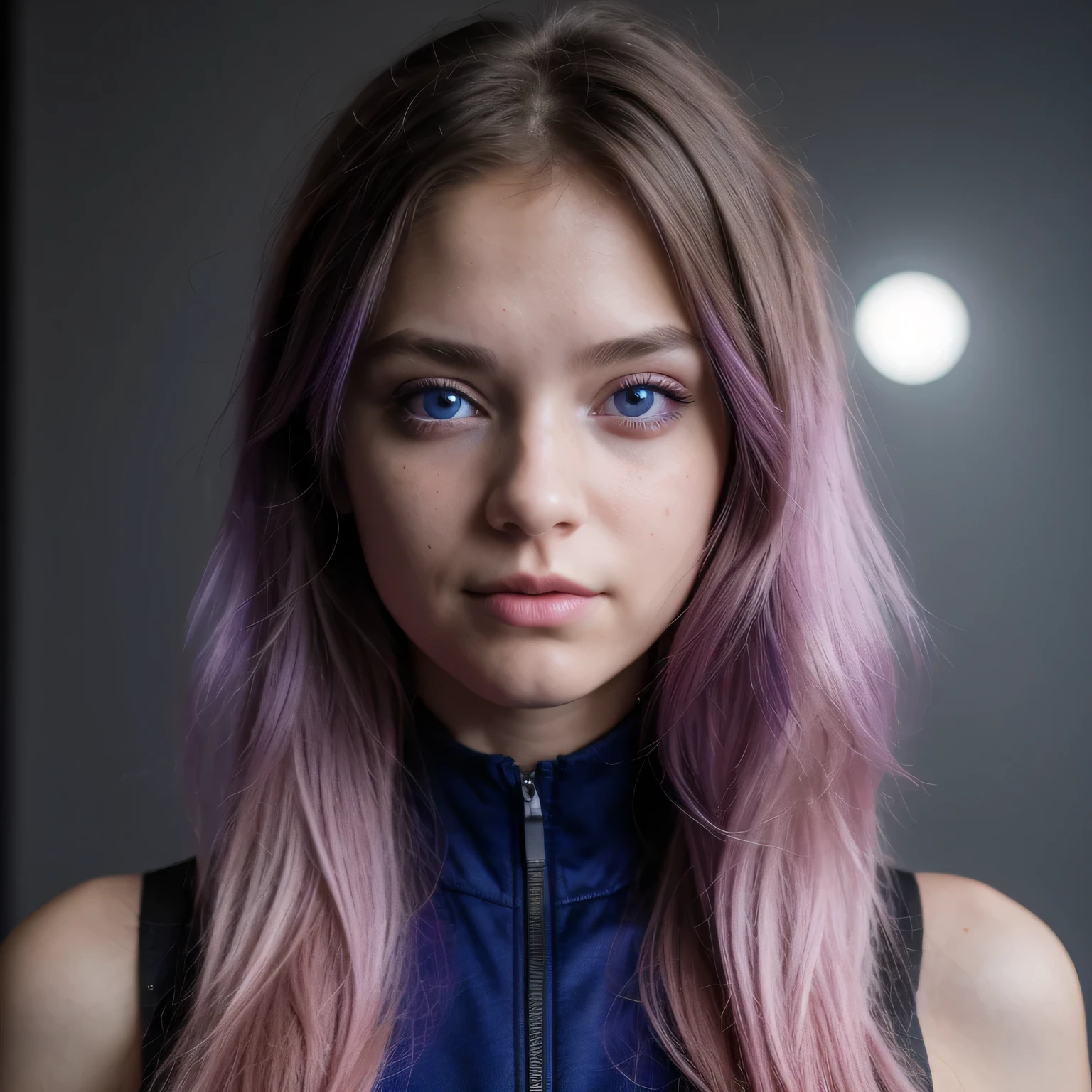 Photo of a college student, Purple Pink, futuristic spacesuit, (freckle:0.8) Cute face, Science Fiction, Dystopia, Delicate eyes, Heterochromia of the Eyes((Cobalt blue background))