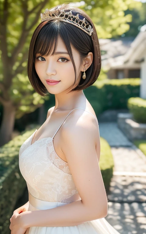 (Best quality: 1.5), (Realistic: 1.5), (1 person: 1.5), ((Upper body: 1.5)), Highly detailed, high resolution, 8k wallpaper, small breasts, natural colored lips, cute smile, fair skin , Japanese woman, 24-year-old girl, beautiful and elegant face, perfect and beautiful face, thin eyebrows, big eyes, beautiful and elegant face, natural bangs, beautiful thin nose, beautiful skin, medium bob hair, short cut hair, Natural bangs , perfect beautiful face, slim face and style, (looking at the camera with a cute expression), bright lighting, professional lighting, (front lighting), natural smile, outside the church, princess-line wedding dress, tiara, beautiful face lines, small face, cute, standing, detailed eyes,