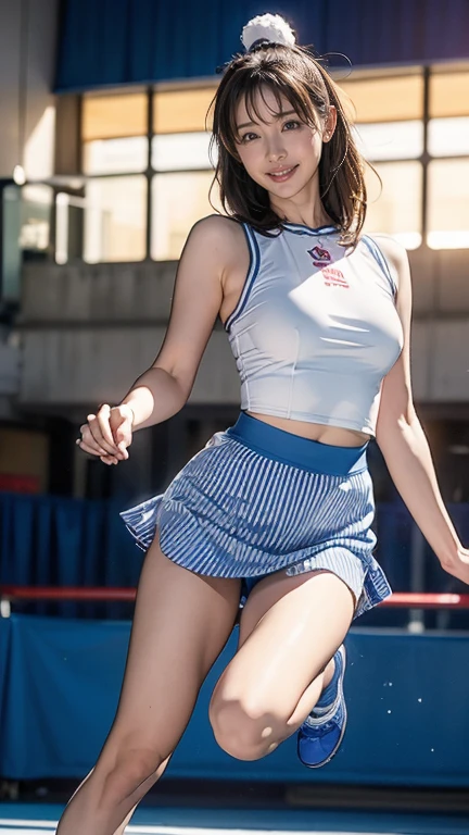 (8K, best quality, masterpiece:1.2), (realistic, photo-realistic:1.37), (high color saturation:1.0), (highly detailed skin), (highest quality:1.0), (ultra high resolution:1.0) ,(realistic:1.0), (Super detailed:1.0), (8K, Raw photo:1.1)、random pose, smiling, small breast, perfect lighting, solo, 1girl, (mysterious), (blurred background), clear and detailed, dancing, cheerleading_uniform, hold in hand pompoms, ((indoor_stadium)), low angle, blue and white stripe skirt, raise one legs, (no panties), inverted nipples, jumping pose, software, full body shot、nsfw,