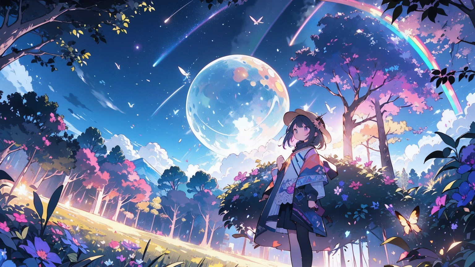 Natsukage, Sunlight filtering through the trees, ice cream, memory, fantasy, girl, Straw hat, Looking up at the blue sky, Vast landscape photography , (A view from below, with the sky above and the wide fields below), A girl standing in a flower field looking up, (nebula:1.3), Distant Mountain, Treebreak Production Art, (Warm light source:1.2), (fire Fly:1.2), lamp, Lots of purple and orange, Intricate details, Volumetric lighting, Realism Break (masterpiece:1.2), (highest quality), 4K, Very detailed, (Dynamic configuration:1.4), Very detailed, Colorful details,( Rainbow-colored:1.2), (Shining Lights, Atmospheric lighting), dream-like, Magic, (alone:1.2)

