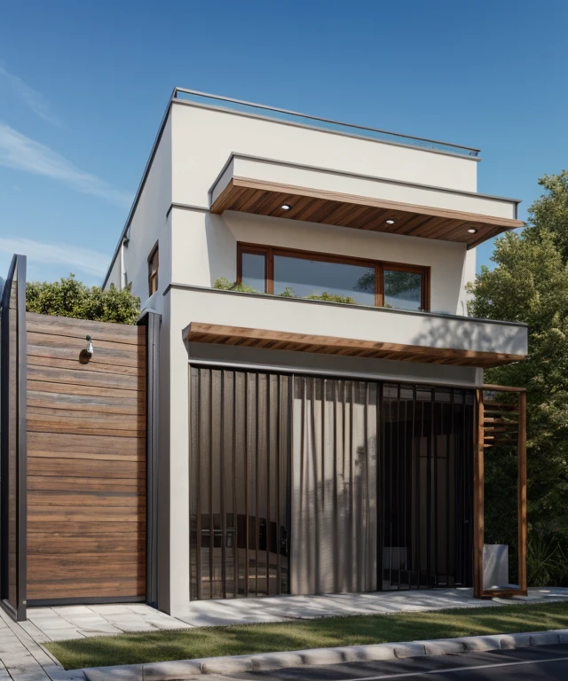 (masterpiece),(high quality), best quality, real,(realistic), super detailed, (full detail),(4k),8k,modern house exterior design,Modern architecture,Beautiful_sky,Day light, no_humans, outdoors,sky,tree,Garden flower front of building
