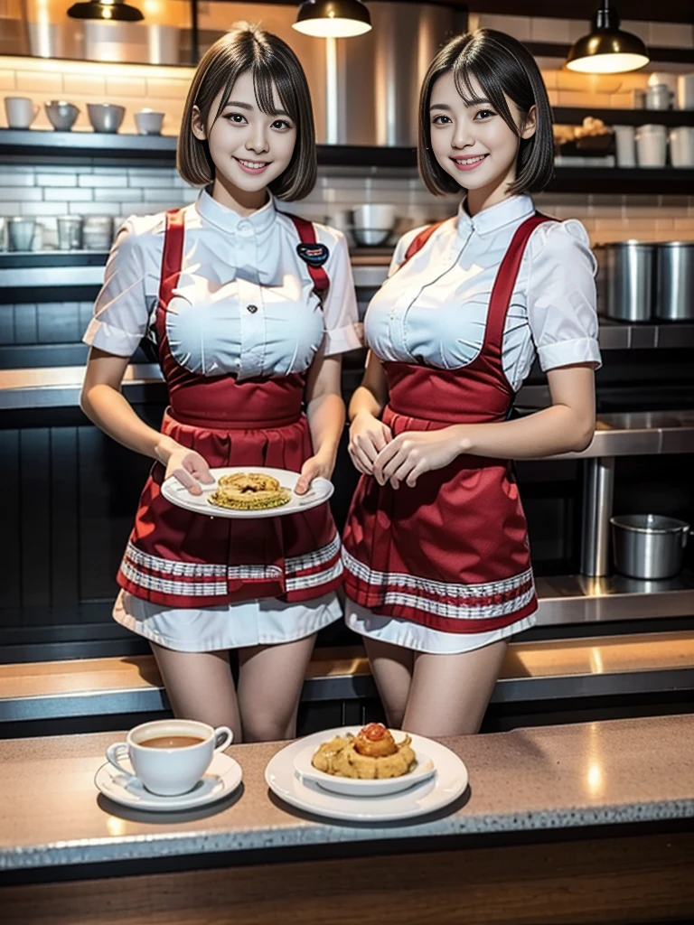 (highest quality),(8K),(masterpiece),(high resolution),(Crisp image quality),(Photorealistic),Three Women,The background is a cafe,Cafe attendant costume,Larger breasts、Short Hair,Full Body Shot,Waitress Uniform,smile