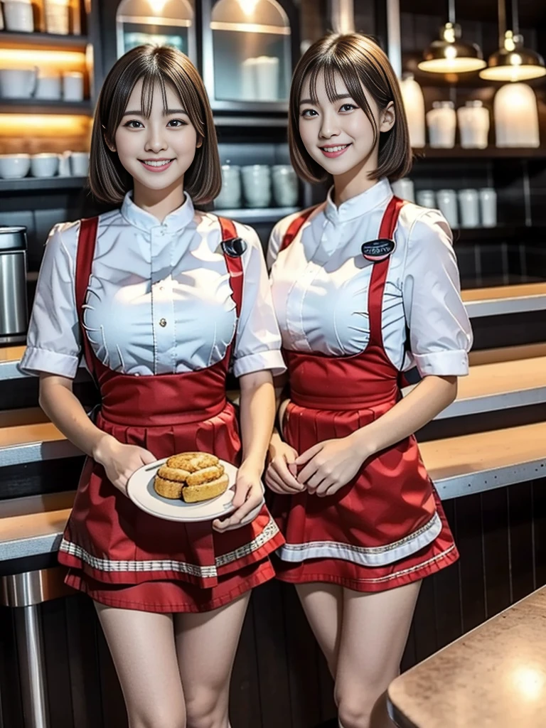 (highest quality),(8K),(masterpiece),(high resolution),(Crisp image quality),(Photorealistic),Three Women,The background is a cafe,Cafe attendant costume,Larger breasts、Short Hair,Full Body Shot,Waitress Uniform,smile