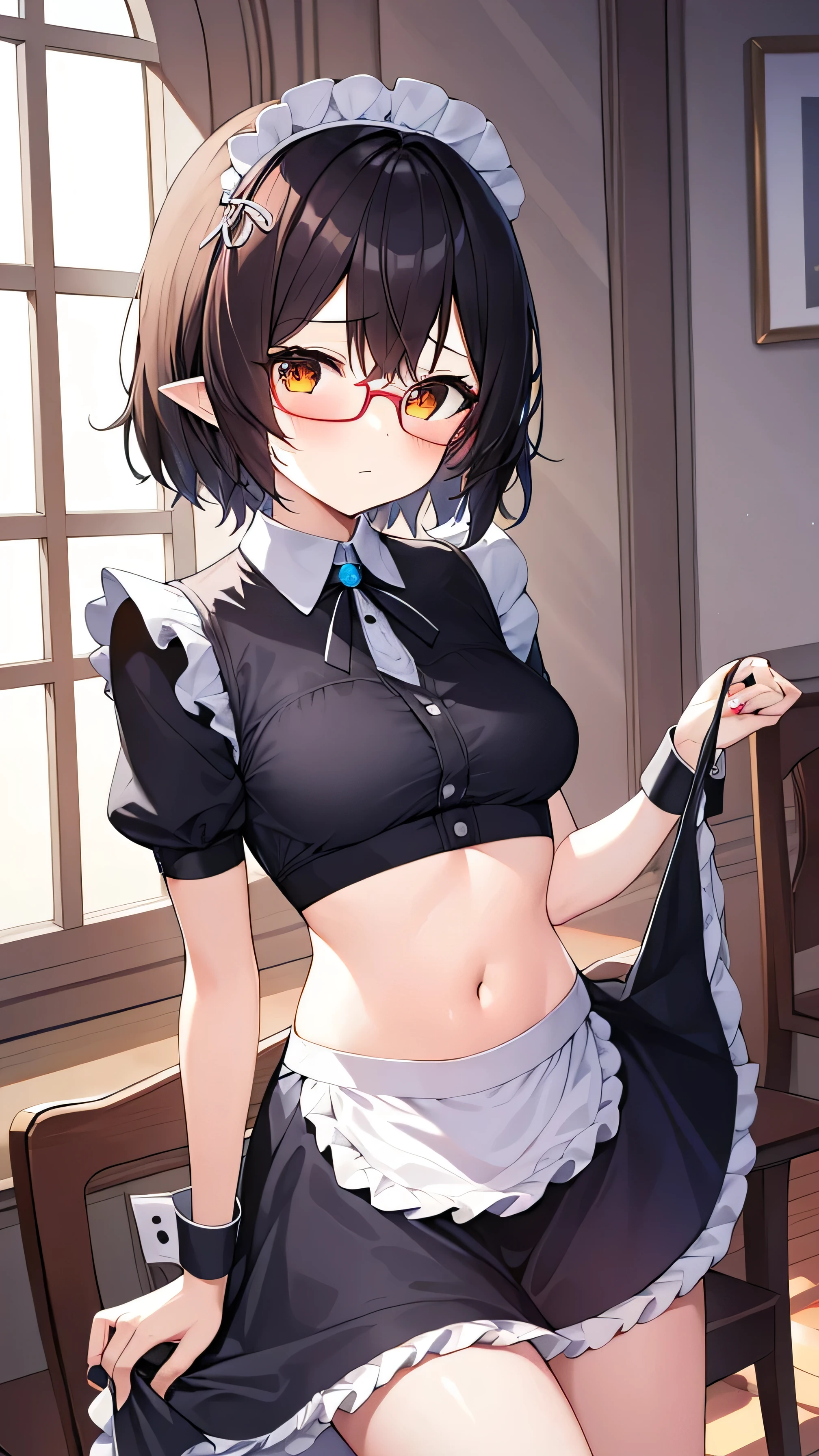 1 girl, , Solitary, lift your legs, Long hair, skirt, orange_hair, maid_have, Red glasses，Watch_Take a step back, Watch_Shown in_Peeping at the audience, By Bangs, Black_lift your legs, Blushed, Black_skirt, he himself, short_sleeve, clothing_lift, wrist_cuff, decorate, skirt_lift, Big deal_, lifted_Pasado_Self-expression, Translucent liquid from_Shown in the back, maid, Fluffy_short_sleeve, Side lock, Fluffy_sleeve, crops_top, blunt_By Bangs, , awago outh, Big deal腿, Black_have eyes, chair, Kneel down, Frilly_skirt, _go out, Shown in indoors, window,