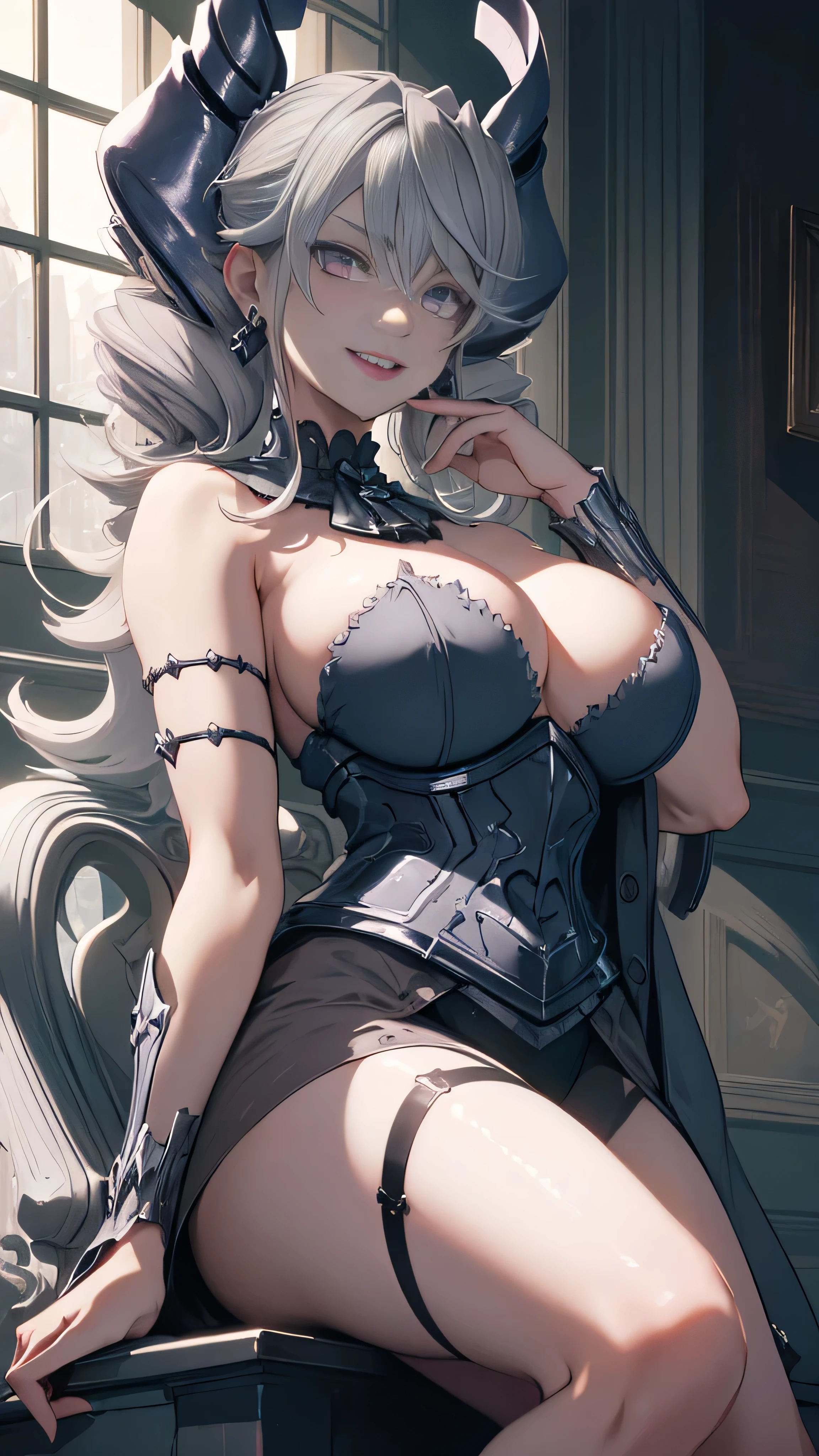 ((masterpiece)),(best quality), ((extremely detailed CG unity 4k wallpaper)),(cinematic lighting), (an extremely sinister and beautiful evil girl:1.3),face, fixed eye, (++gray hair++), pink eyes, long hair, jewelry,earrings, :d, labrynth,
Large  ,(gods ray ), sitting on throne , horn ,outdoor ,hand over lab,  sitting , crossed leg in detailed, all body , view from front