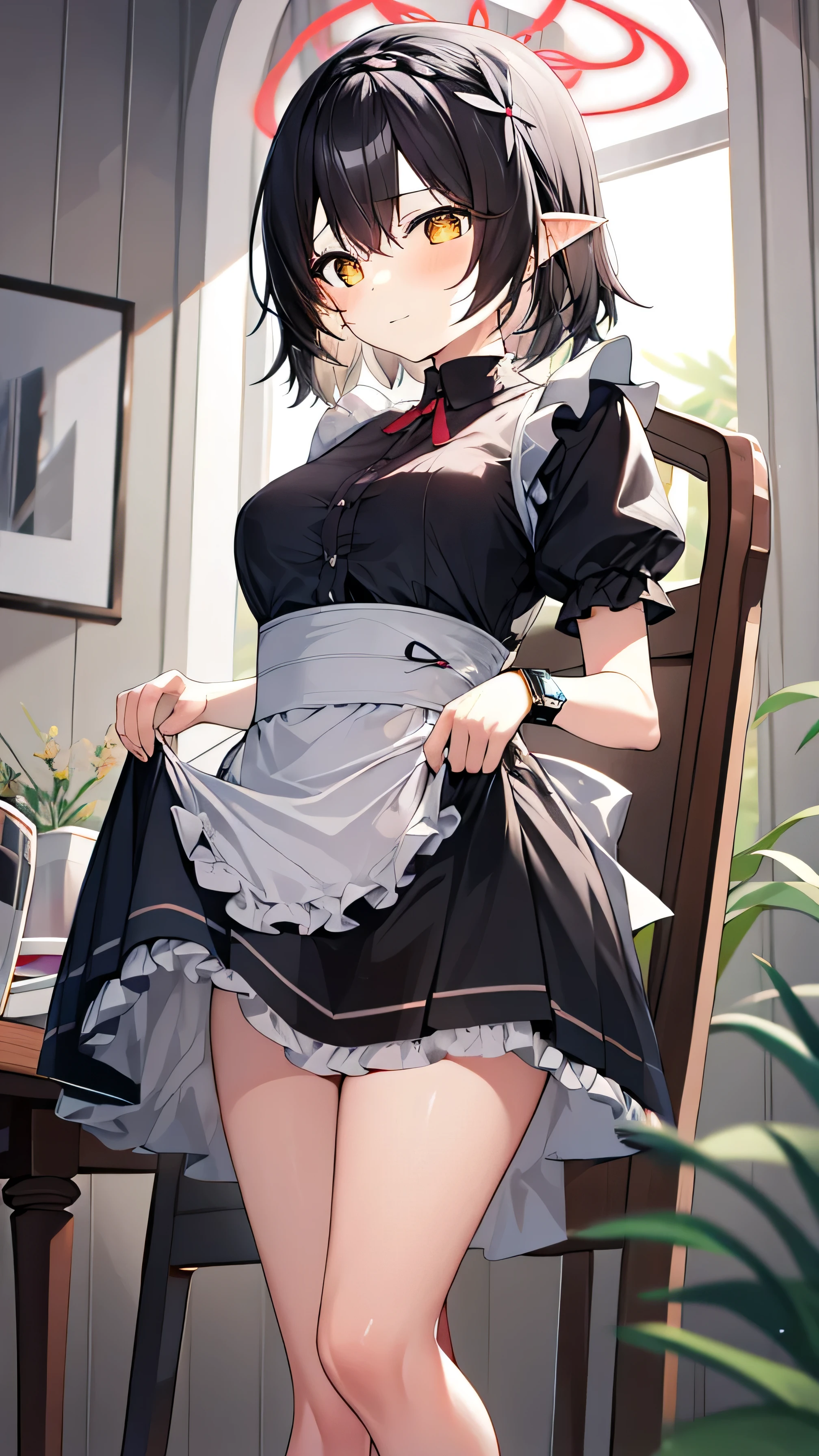 1 girl, , Solitary, lift your legs, Long hair, skirt, orange_hair, maid_have, Red glasses，Watch_Take a step back, Watch_Shown in_Peeping at the audience, By Bangs, Black_lift your legs, Blushed, Black_skirt, he himself, short_sleeve, clothing_lift, wrist_cuff, decorate, skirt_lift, Big deal_, lifted_Pasado_Self-expression, Translucent liquid from_Shown in the back, maid, Fluffy_short_sleeve, Side lock, Fluffy_sleeve, crops_top, blunt_By Bangs, , awago outh, Big deal腿, Black_have eyes, chair, Kneel down, Frilly_skirt, _go out, Shown in indoors, window,