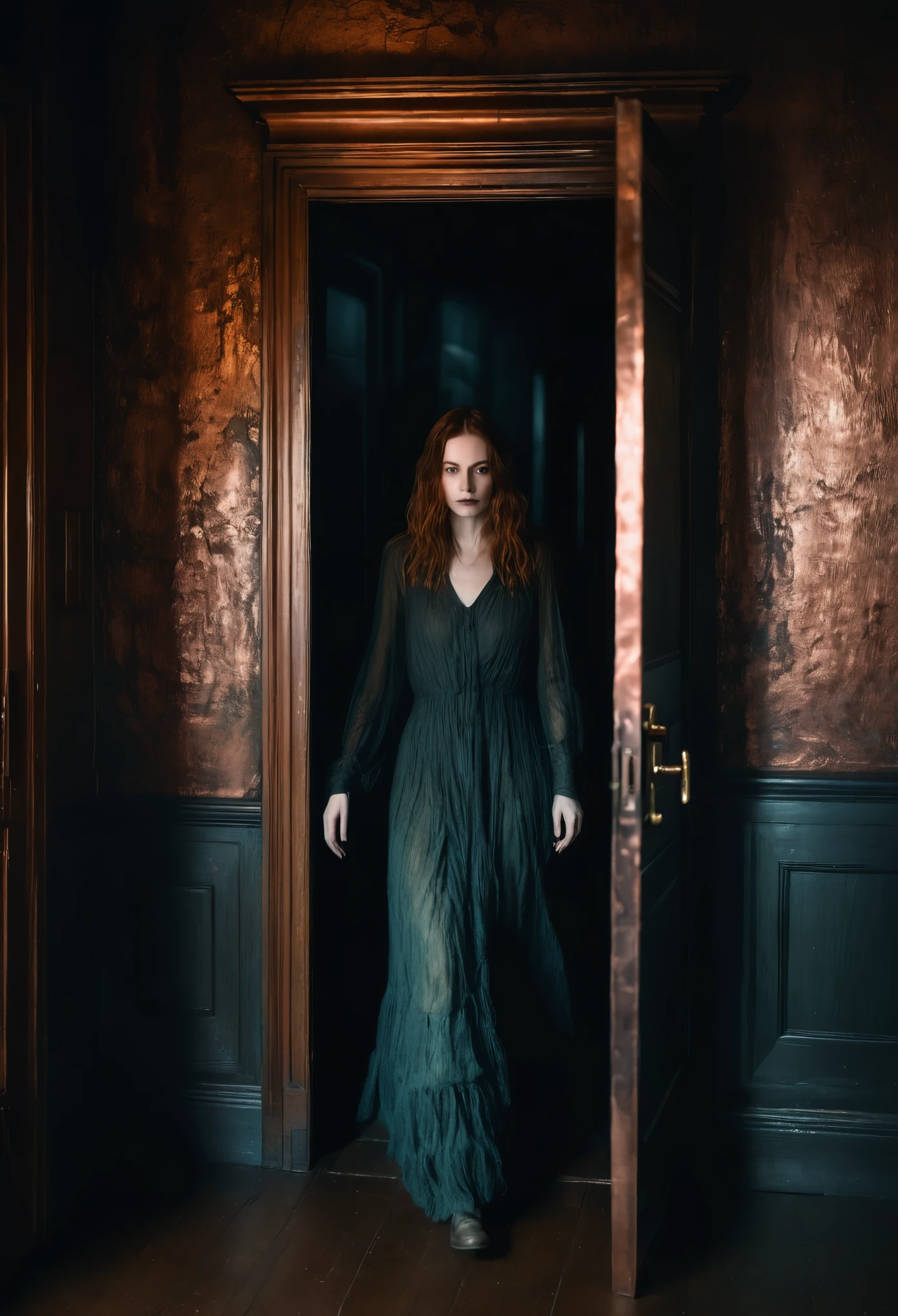 a woman entering a copper room, the entire image is mysterious, oddly strange, haunting this figure, what we see, the copper room, the deep dark shadows and soft focus of the gauze that covers the lens, creating haunting softness