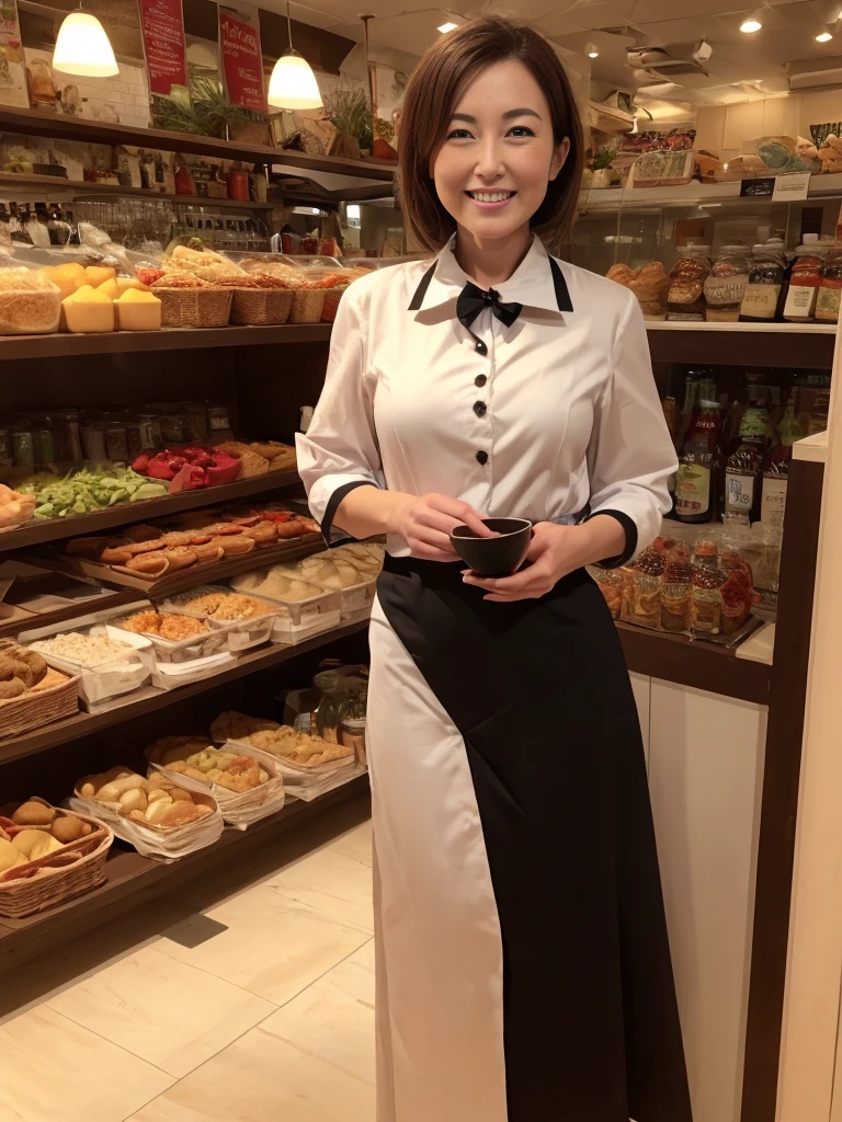 (highest quality),(8K),(masterpiece),(high resolution),(Photorealistic),(Mature women in their 40s),(3 mature women),The background is a cafe,(Larger breasts),Short Hair,Full Body Shot,A waitress uniform that emphasizes the shape of her breasts,smile,Slender,Beauty,Narrow waist,
