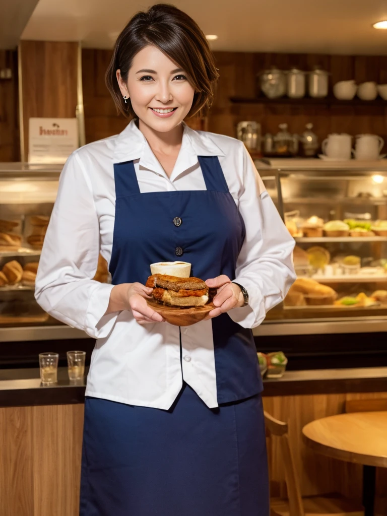 (highest quality),(8K),(masterpiece),(high resolution),(Photorealistic),(Mature women in their 40s),(3 mature women),The background is a cafe,(Larger breasts),Short Hair,Full Body Shot,A waitress uniform that emphasizes the shape of her breasts,smile,Slender,Beauty,Narrow waist,