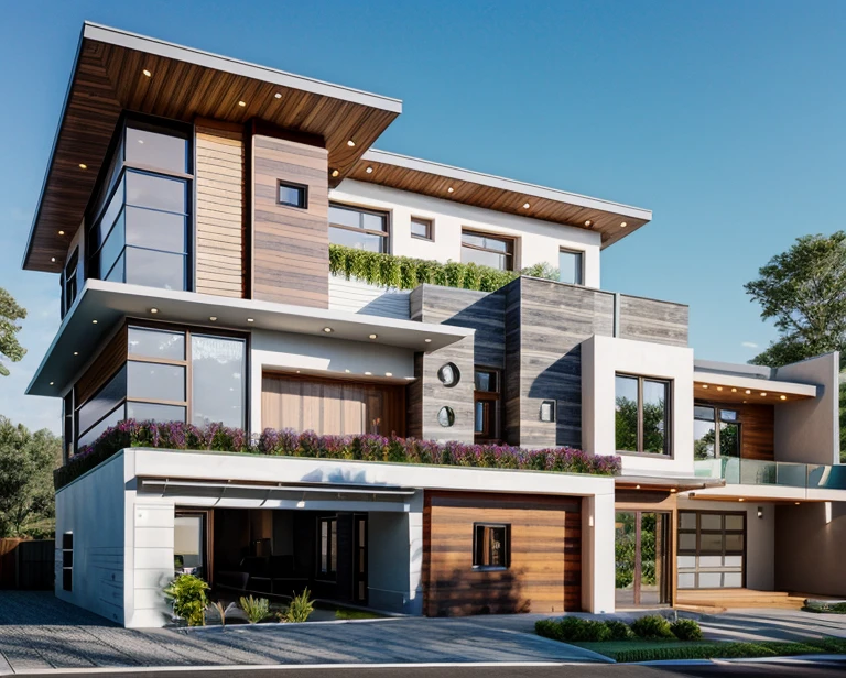 (masterpiece),(high quality), best quality, real,(realistic), super detailed, (full detail),(4k),8k,modern house exterior design,Modern architecture,Beautiful_sky,Day light, no_humans, outdoors,sky,tree,Garden flower front of building