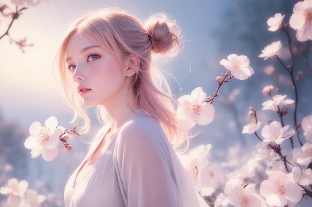 Dreamy watercolor painting,　whole body，((１Girl Girl : 1.7))，Realistic，lips，Tabletop，highest quality，Skin Texture，Japanese Kimono，Aqua，(band，pink:1.2)，detailed，Long hem，((Gazing into the distance)),  pinkのコート，Gray Hair, Straight Long，long long，Dynamic configuration，Cherry blossoms fluttering in the air against a deep background、It was foggy，Bokeh，It was foggy，Dutch Angle，Afterimage,  Minimalism，(Anatomically correct number and shape of fingerovie-like scene,  Cinema Lighting，Beautiful watercolor portrait，Abstract background, Watercolor portrait, Krentz-Kuchart Style