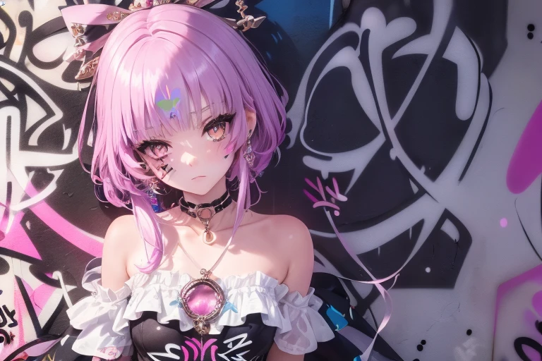 1girl, She wears cuteness-inspired clothing with crystal motifs, Her outfit is asymmetric, choker, (graffiti:1.5), paint splatter, wall, looking at viewer, armband, thigh strap, head tilt, multicolored hair, (sensual pose, full shot), (dreamy:1.1), (Highly detailed), (high resolution), (Best quality), (masterpiece)