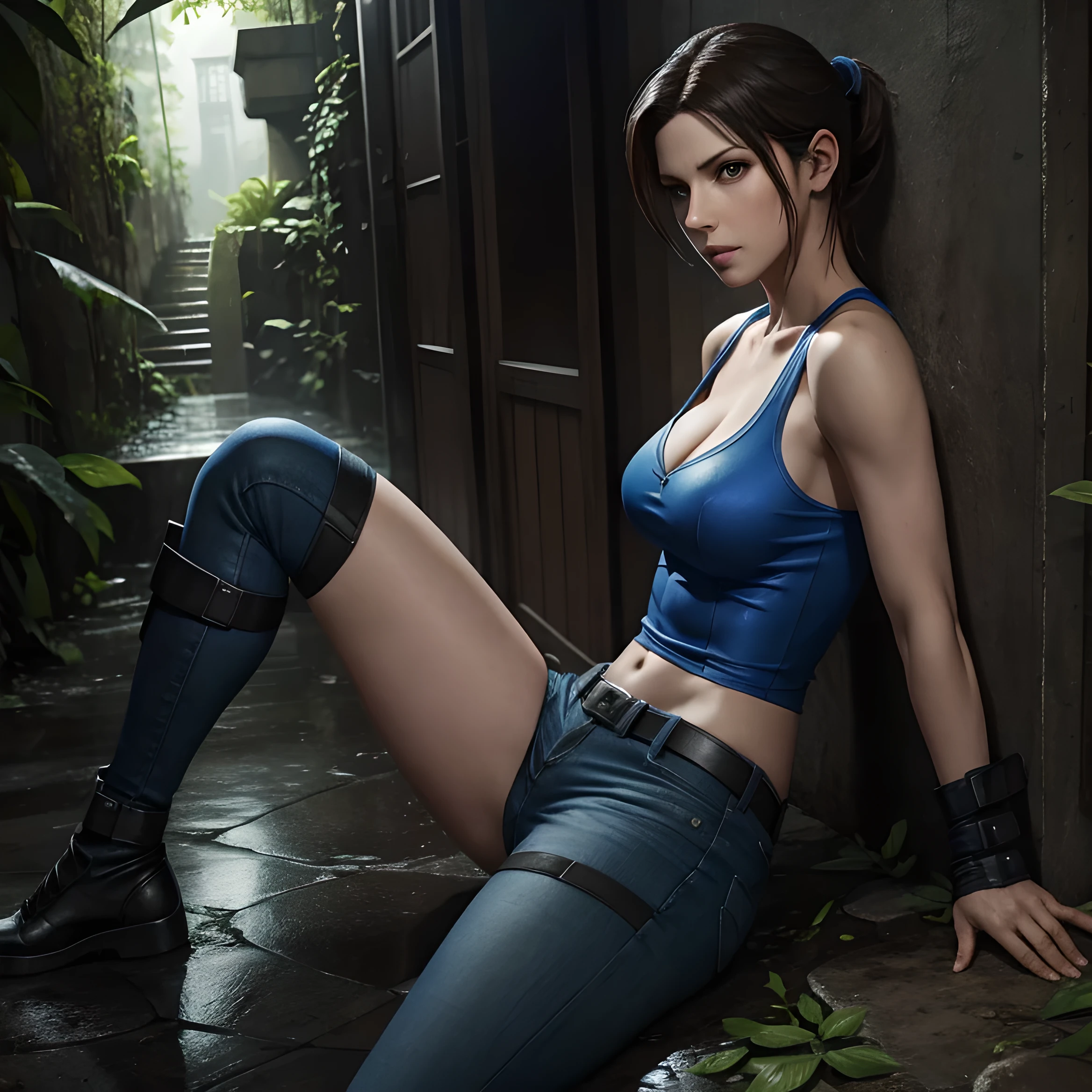 Jill valentine, ropa rota, piel mojada, lluvia, selva, jean de cuero, ropa mojada