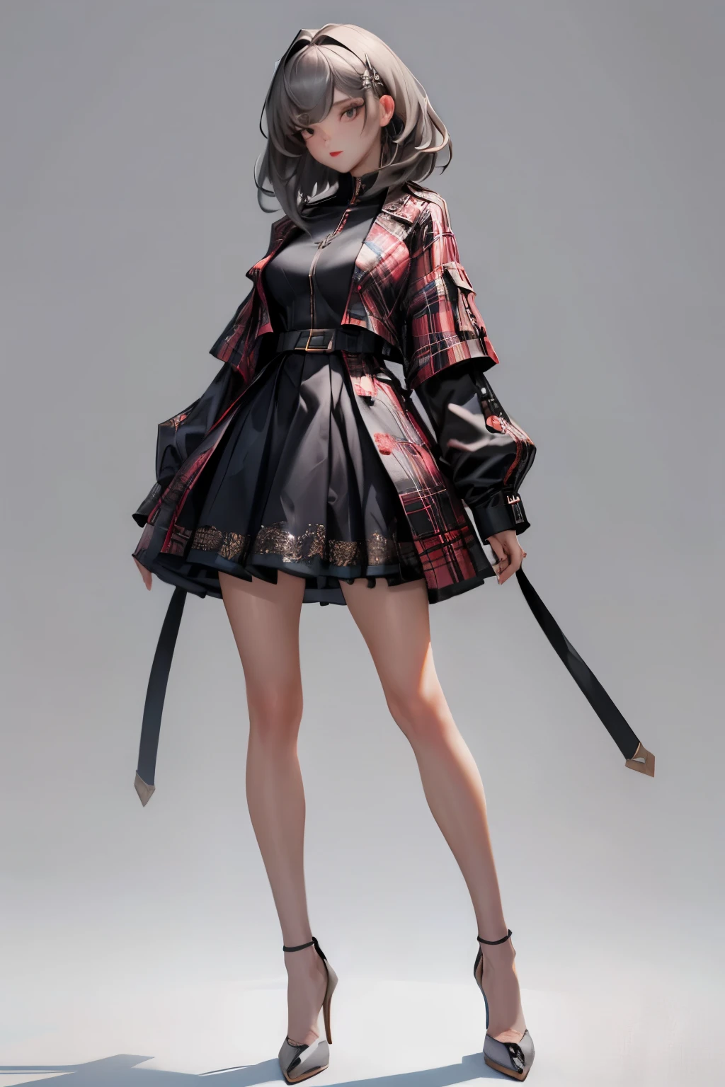 TikTok Dan, Beautiful woman，Confront it head on，Full Body，High heels，Gray background, Medium Hair