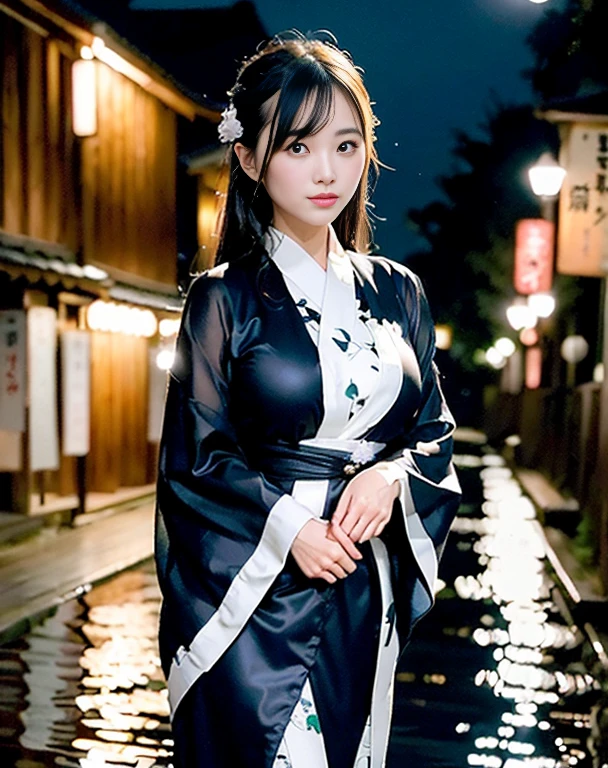 (RAW Photos, Very detailed, High resolution, highest quality), One Japanese girl, (Very small hands:1.5, very thin fingers:1.5),
(Photos of the head and perineum:1.5), (Shoot the perineum, Low position:1.2, Low angle shot, View from the front),
(Normal Breast, Cleavage:1.5),
(Detailed skin, Shiny skin), (Detailed face, Fine grain, Shining Eyes, Glossy Lips),
(Cinema Lighting),(Smile sadly)、
A Rainy Night in Edo,The moon is shining through the clouds,
A girl wearing an elegant yukata、広いriverを渡る石橋の上に立つ.
She doesn't have an umbrella, Her hair and clothes are wet from the rain.
She is looking at the surface of the water with a sad expression。
riverの両側に, exterior々There are buildings lined with shops...
The building is made of wood、It has a shoji screen and a thatched roof..
Some of them are、Signs and lanterns are hanging outside., View a name or area of expertise.
All I can hear is the sound of the rain, river, And the wind.
(Everything is pure and transparent),
(Elegant yukata:1.5, Soft and delicate fabric, The curvaceous beauty of her body drawn on a yukata:1.5),
(Rain at night:1.5, walk without an umbrella:1.5, Coloring the city while being one with nature),
Hair that shines even more when wet in the rain,
(Drops of water dripping from the tips of hair, Drops of water that sparkle like jewels),
(Soft light from street lamps, Particles of light dancing in the air), She is a night fairy, Her reflection in a puddle on the street,Her poetic beauty, Shine as part of the city.