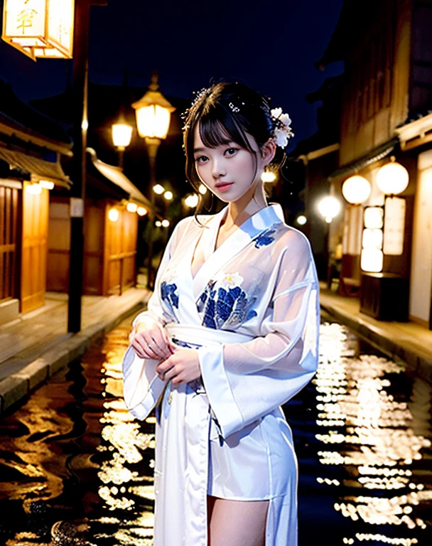 (RAW Photos, Very detailed, High resolution, highest quality), One Japanese girl, (Very small hands:1.5, very thin fingers:1.5),
(Photos of the head and perineum:1.5), (Shoot the perineum, Low position:1.2,  Low angle shot, View from the front), 
(Normal Breast, Cleavage:1.5),
(Detailed skin, Shiny skin), (Detailed face, Fine grain, Shining Eyes, Glossy Lips),
(Cinema Lighting),（Smile sadly）、
A Rainy Night in Edo,The moon is shining through the clouds,
A girl wearing an elegant yukata、広いriverを渡る石橋の上に立つ. 
She doesn&#39;t have an umbrella, Her hair and clothes are wet from the rain. 
She is looking at the surface of the water with a sad expression。 
riverの両側に, exterior々There are buildings lined with shops...
 The building is made of wood、It has a shoji screen and a thatched roof..
Some of them are、Signs and lanterns are hanging outside., View a name or area of expertise.
All I can hear is the sound of the rain, river, And the wind.
(Everything is pure and transparent),
(Elegant yukata:1.5, Soft and delicate fabric, The curvaceous beauty of her body drawn on a yukata:1.5),
(Rain at night:1.5, walk without an umbrella:1.5, Coloring the city while being one with nature),
Hair that shines even more when wet in the rain,
(Drops of water dripping from the tips of hair, Drops of water that sparkle like jewels),
(Soft light from street lamps, Particles of light dancing in the air), She is a night fairy, Her reflection in a puddle on the street,Her poetic beauty, Shine as part of the city.