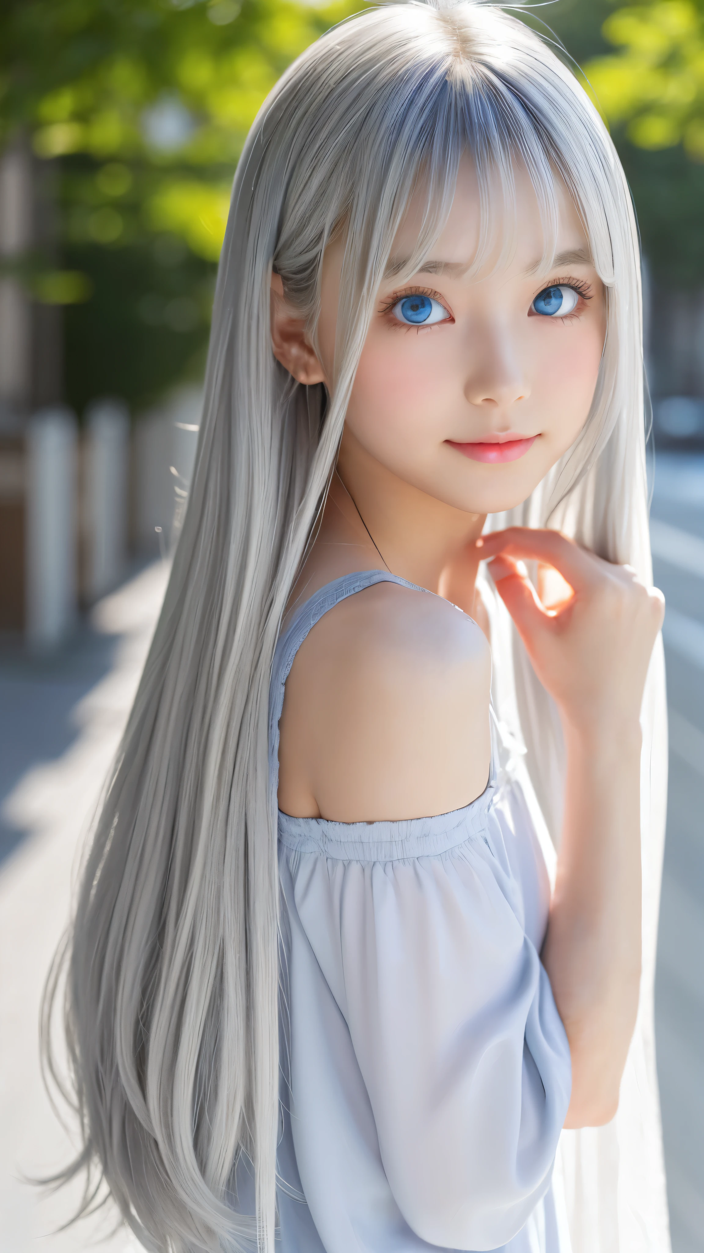Shining, clear, white skin、Her windblown silver hair hides her beautiful face.、huge、28 years old cute sexy little beautiful face、Beautiful straight hair that stands out、growing up, Sparkling light blue eyes、long silky bangs that cover cute eyes, Sexy and cute young woman with super long hair hiding her sexy face、Shining silver hair