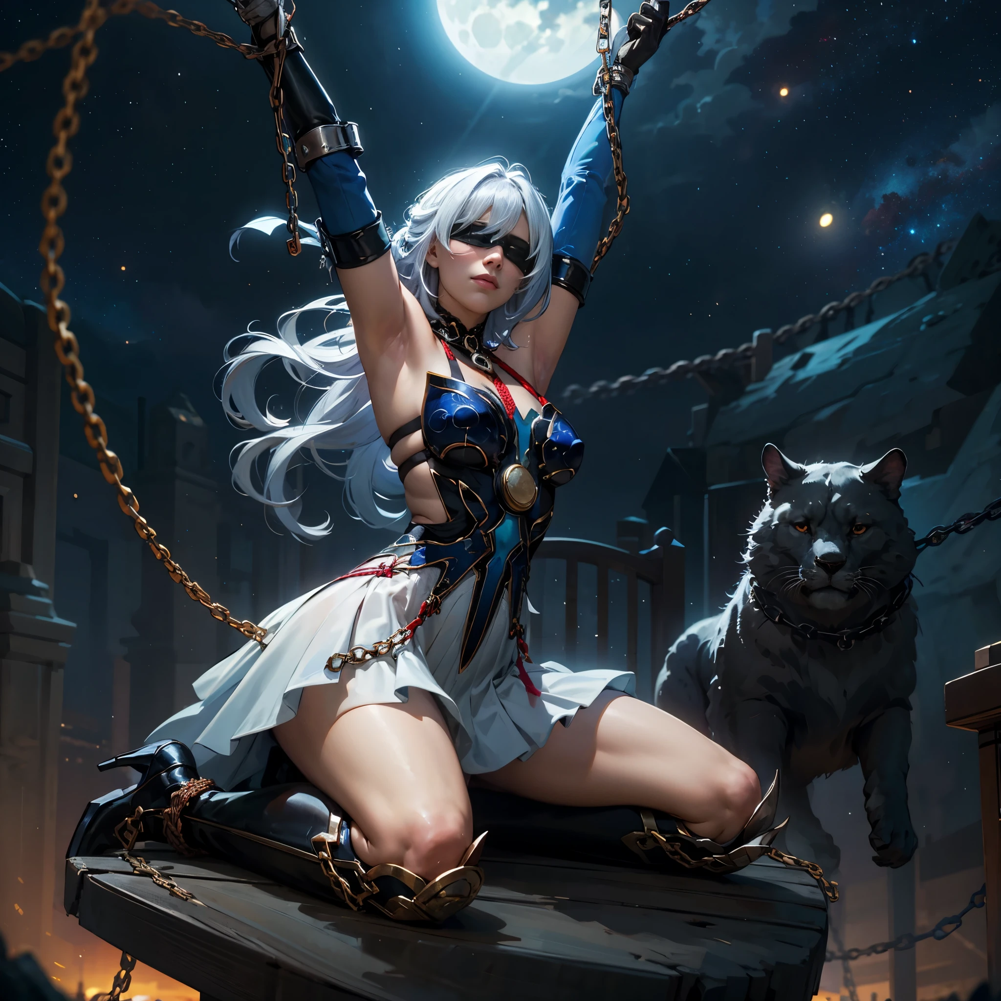 masterpiece, best quality, JingliuV5, 1girl, solo, gloves, gloves, dress, bare shoulders, closed mouth, boots, sky, black gloves, black footwear, blindfold, night sky, full moon, elbow gloves, armpits, arms up, ((chain, bound, restrained:1.3)), sitting, wariza, night, starry sky, sky, cowboy shot, view from below, far shot