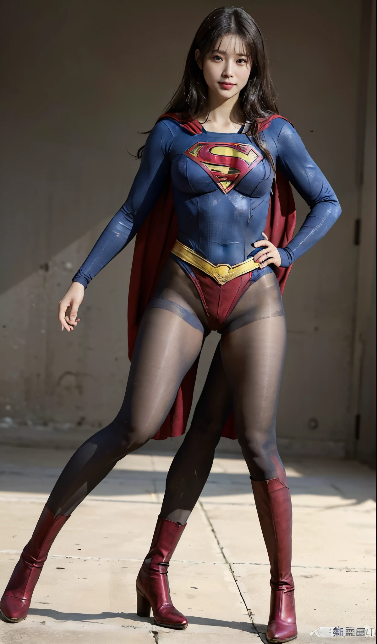 No background、(((Beautiful legs in black tights.)))、(((Legally express the beauty of your smile)))、((((Make the most of your original images)))、(((Supergirl Costume)))、(((Beautiful Hair)))、(((suffering)))、(((Please wear black tights....、Wear red boots)))、((Best image quality、8K))、((highest quality、8K、masterpiece:1.3))、(((Preserve background )))、Sharp focus:1.2、Beautiful woman with perfect figure:1.4、Thin abdominal muscles:1.2、Wet body:1.5、Highly detailed face and skin texture、8K