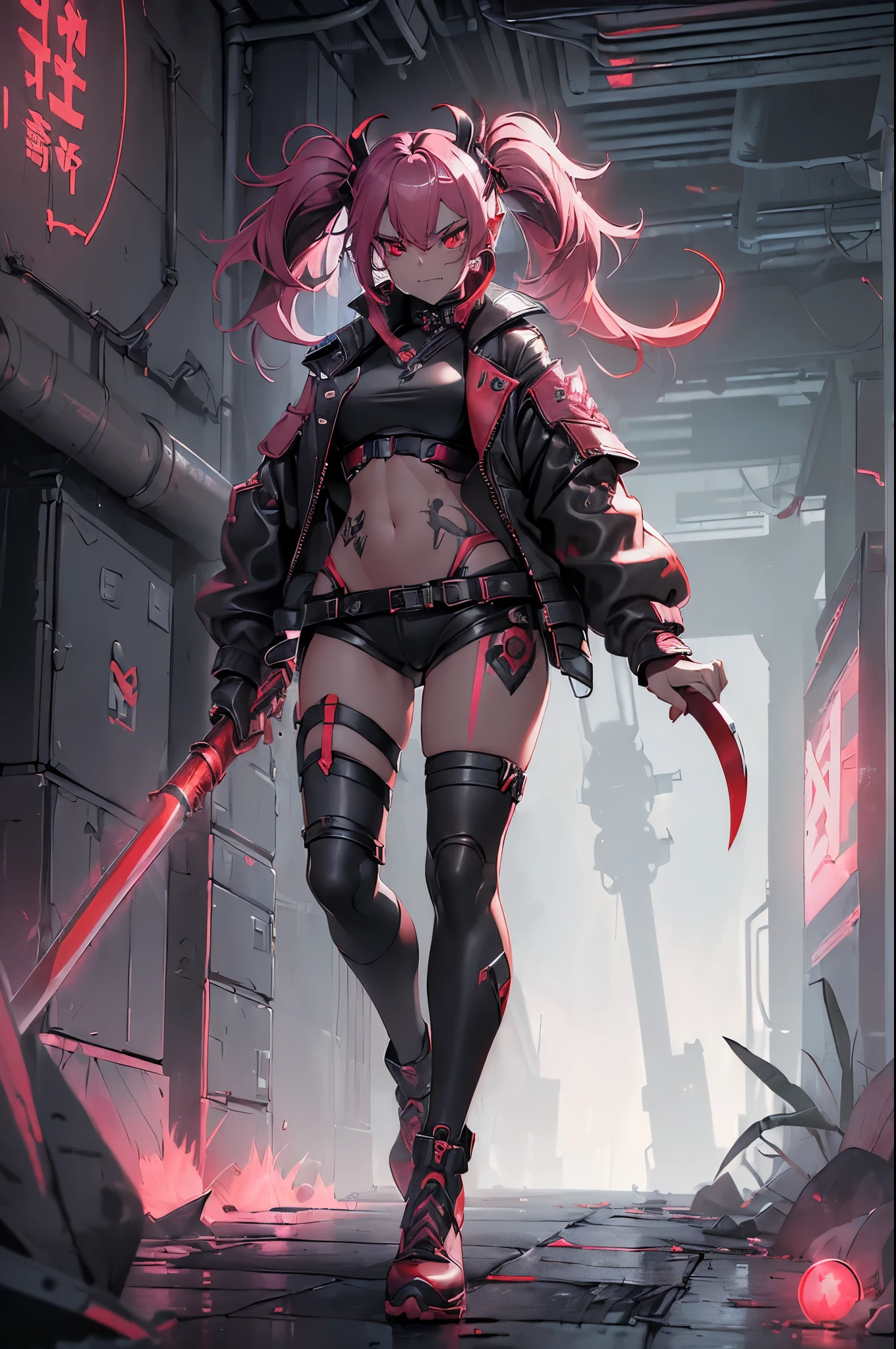 One girl, Rebecca \(cyber punk\), (((full body:1.5),Dynamic Angle,He holds a weapon in his right hand, raised it to his shoulder, and carries it on his shoulder.,Holding a hammer in your hand:1.5)),(One Woman,(Pink twisted twin tails), glowing Red eyes,Laugh fearlessly, Leg Tattoos, Neck Tattoo,  Large Breasts, Black bra, String, Red pupils, Leather Fang, Red eyes, Black jacket:1.35),cyber punk,cyber cityscape,