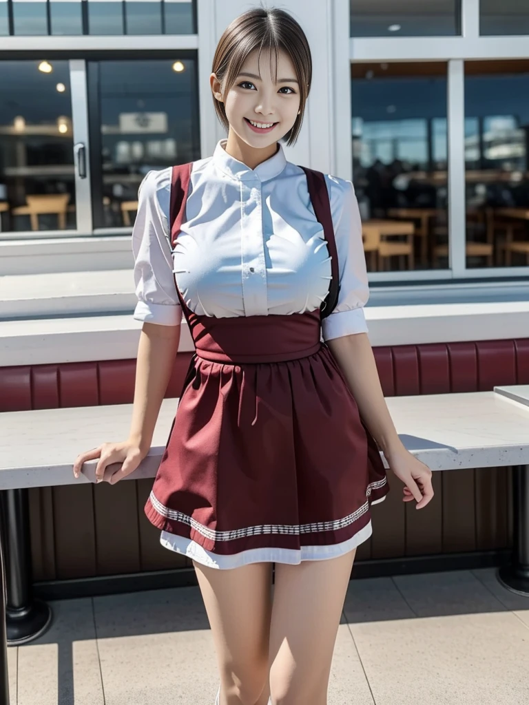 (highest quality),(8K),(masterpiece),(high resolution),(Crisp image quality),(Photorealistic:1.3),Three Women,The background is a cafe,Cafe attendant costume,Larger breasts、Short Hair,Full Body Shot,Waitress Uniform,smile