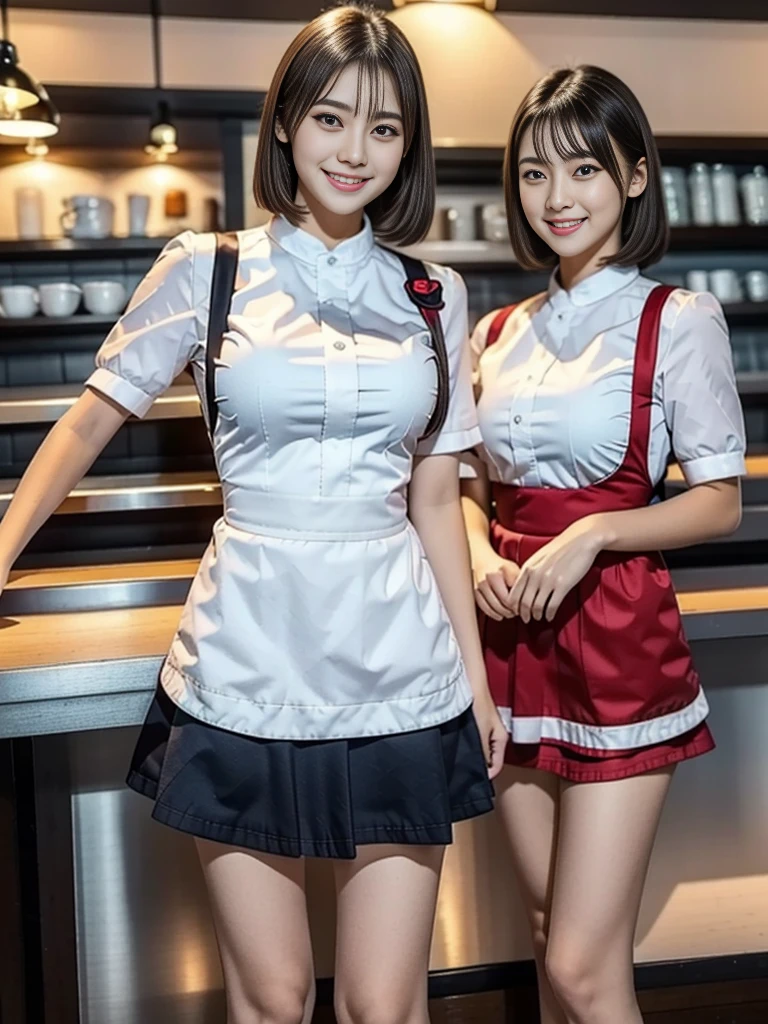(highest quality),(8K),(masterpiece),(high resolution),(Crisp image quality),(Photorealistic:1.3),Three Women,The background is a cafe,Cafe attendant costume,Larger breasts、Short Hair,Full Body Shot,Waitress Uniform,smile