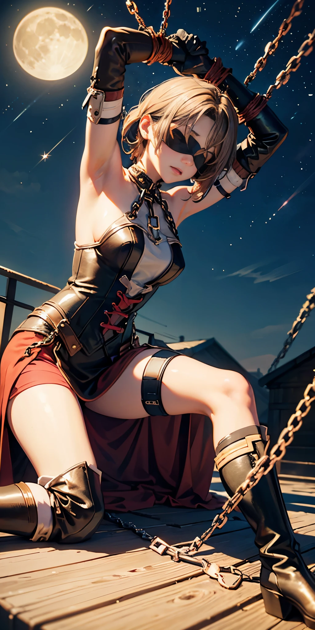 masterpiece, best quality, JingliuV5, 1girl, solo, gloves, gloves, dress, ???? shoulders, closed mouth, boots, sky, black gloves, black footwear, blindfold, night sky, full moon, elbow gloves, armpits, arms up, ((chain, bound, restrained:1.3)), sitting, wariza, night, starry sky, sky, cowboy shot, view from below, far shot