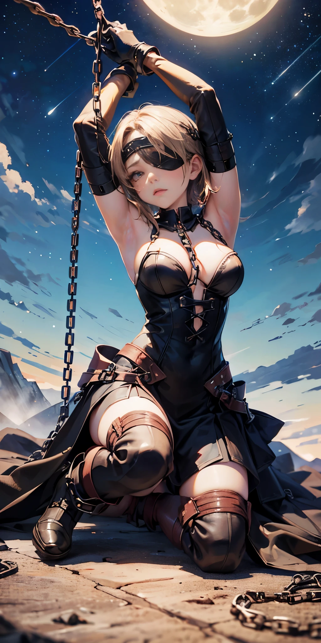 masterpiece, best quality, JingliuV5, 1girl, solo, gloves, gloves, dress, bare shoulders, closed mouth, boots, sky, black gloves, black footwear, blindfold, night sky, full moon, elbow gloves, armpits, arms up, ((chain, bound, restrained:1.3)), sitting, wariza, night, starry sky, sky, cowboy shot, view from below, far shot