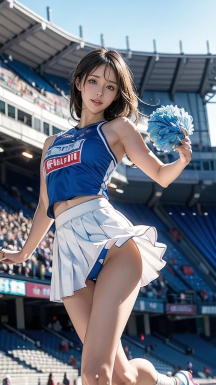  (8K, best quality, masterpiece:1.2), (realistic, photo-realistic:1.37), (high color saturation:1.0),  (highly detailed skin), (highest quality:1.0), (ultra high resolution:1.0) ,(realistic:1.0), (Super detailed:1.0), (8K, Raw photo:1.1)、random pose, smiling, small ??????, perfect lighting, solo, 1girl, (mysterious), (blurred background), clear and detailed, dancing, cheerleading_uniform, hold in hand pompoms, ((stadium)), blue sky, sunshine, low angle, blue and white stripe skirt, raise one legs, (no panties), inverted ???????, jumping pose, software, full body shot、????,