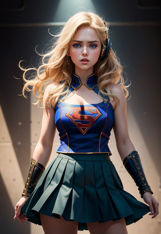 Highres, Shadows, Absurdres, best_quality, ultra_detailed, 8K, extremely_clear, Photography, Beautiful, Sharp Focus, HDR,
A cute pop singer Supergirl with blonde hair and symmetrical blue eyes holds a guitar and sings in headphones, wearing a pleated skirt, with a dynamic angle, captured in a highly detailed cowboy photo, exuding a melancholic emotion, with soft tones and a contrasting mix of light and shadow, all while emphasizing her hair,  the eyes, mouth, and action of the subject in a composition that is both pleasing to the eye and thought-provoking.