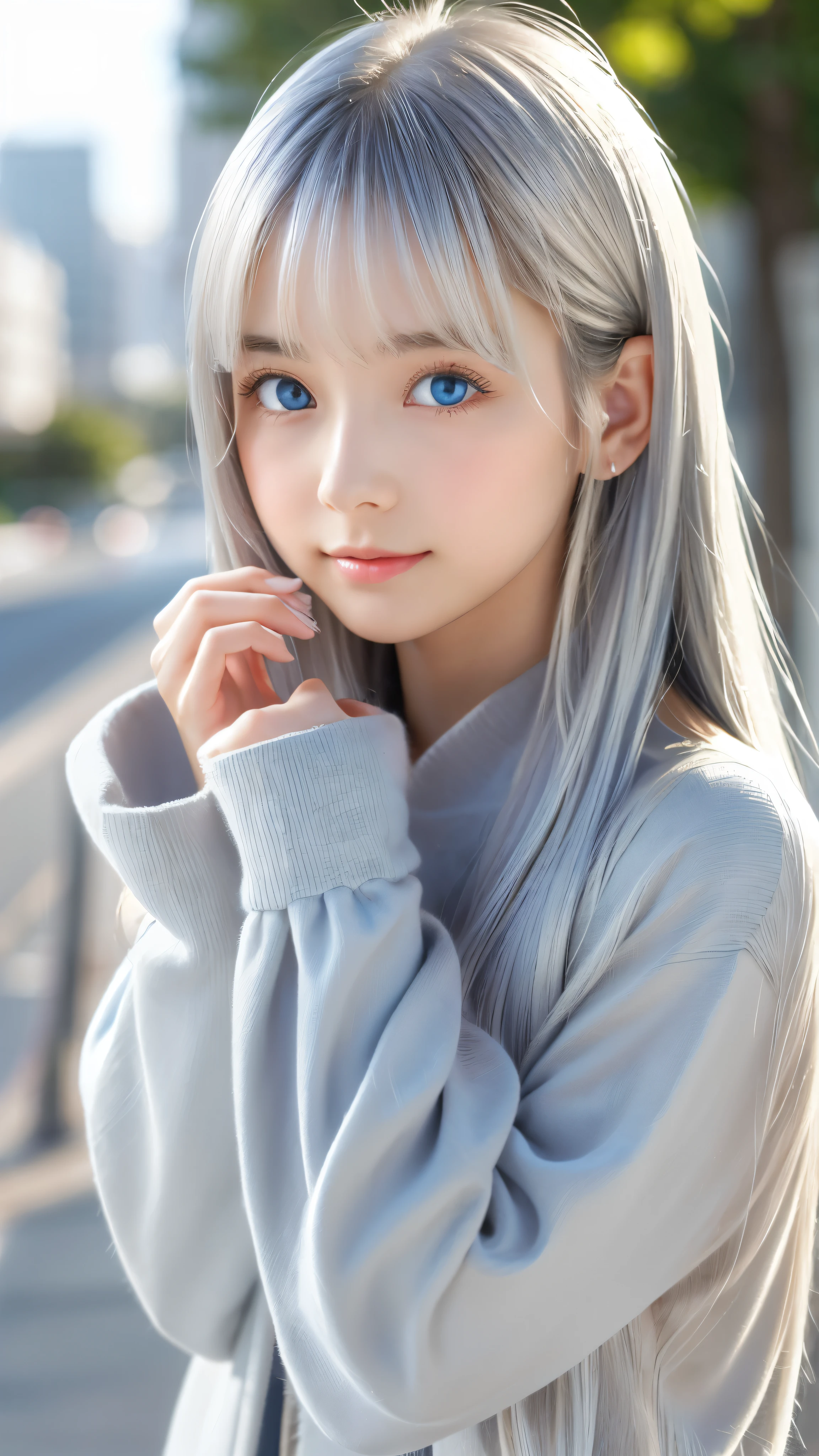 Shining, clear, white skin、Her windblown silver hair hides her beautiful face.、huge、28 years old cute sexy little beautiful face、Beautiful straight hair that stands out、growing up, Sparkling light blue eyes、long silky bangs that cover cute eyes, Sexy and cute young woman with super long hair hiding her sexy face、shining silver hair