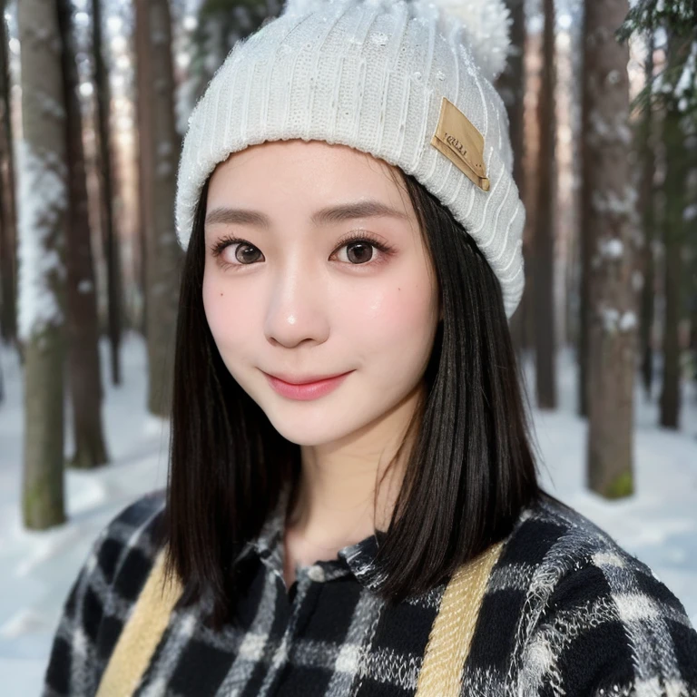 (kawaii 24 year-old Japanese girl, Nogizaka idol, Korean idol), (glossy black hair, short bob, even and symmetric hair design:1.3), (deep black eyes, rounded face, single eyelid, no makeup, soft smiling:1.2), (wearing longsleeved flannel shirt, knitted beanie:1.3), (extra small breasts:0.9), (looking at camera:1.2), BREAK, (snowy winter forest background:1.3), (dynamic angle, face focus:1.3), (keep enough top margin to avoid the head cropped:1.3), BREAK, (masterpiece, best quality, photo realistic, official art:1.4), (UHD, 8K quality wallpaper, high resolution, raw photo, golden ratio:1.3), (shiny skin), professional lighting, physically based rendering, award winning, (highly detailed skin, extremely detailed face and eyes), Carl Zeiss 85 mm F/1.4, depth of field, 1girl, solo,