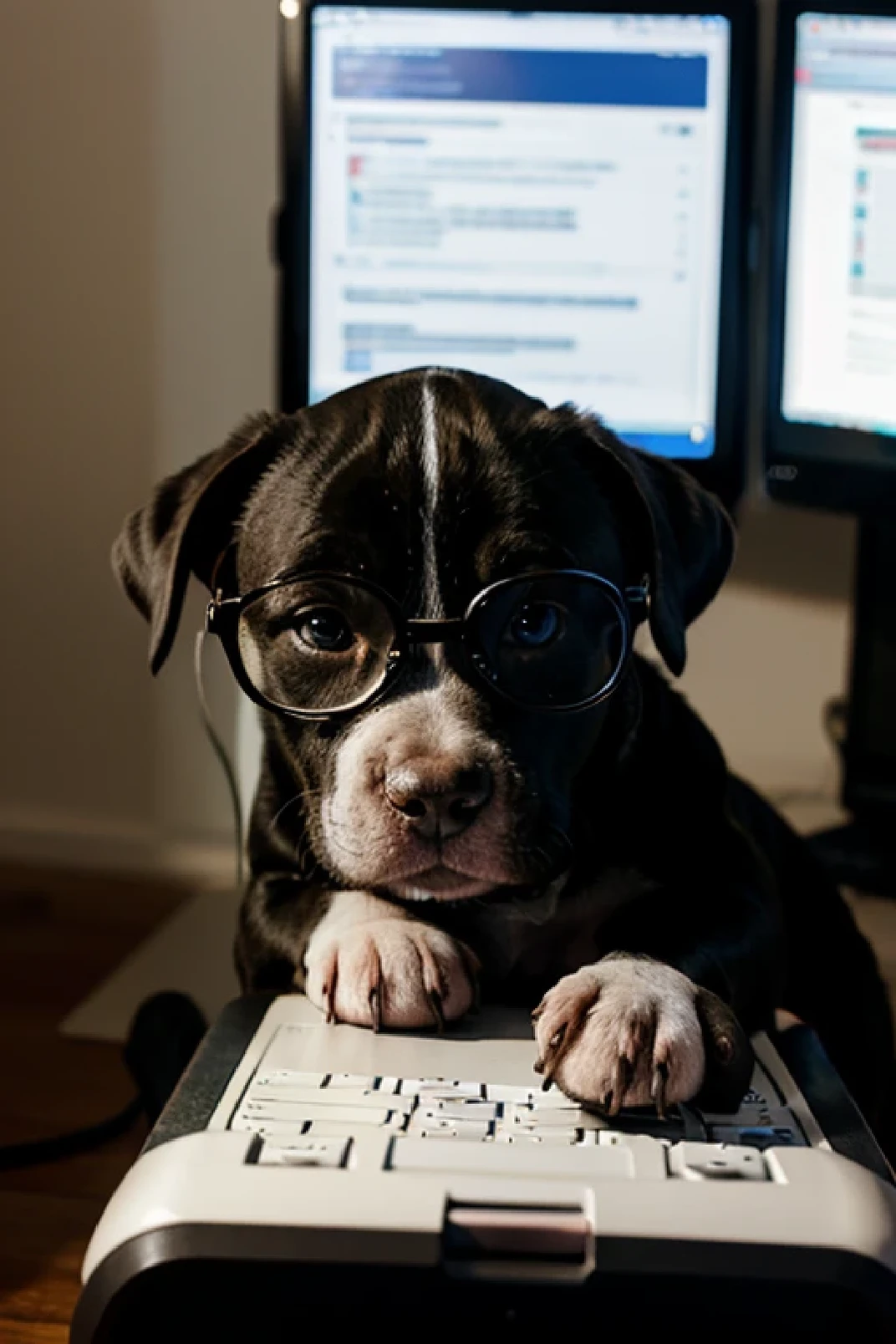 Logo with a BullDog, with glasses, Coding/programing on a Computer