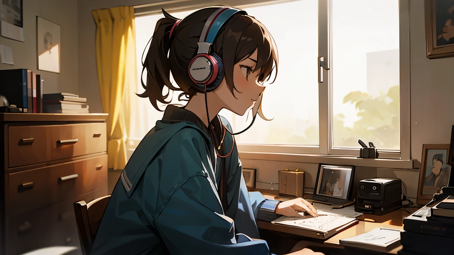 A woman studying in her room while listening to music with headphones