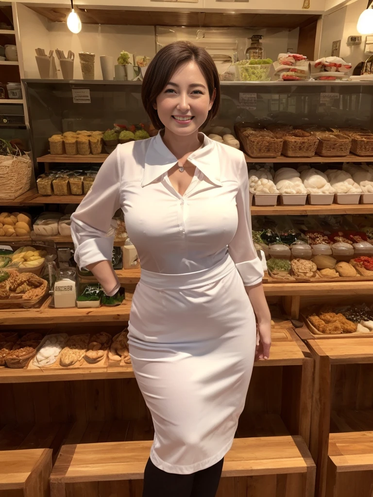 (highest quality),(8K),(masterpiece),(high resolution),(Photorealistic),(Mature women in their 40s),(3 mature women),The background is a cafe,(Huge breasts),Short Hair,Full Body Shot,A waitress uniform that emphasizes the shape of her breasts,smile,Slender,Beauty,Narrow waist,Short skirt