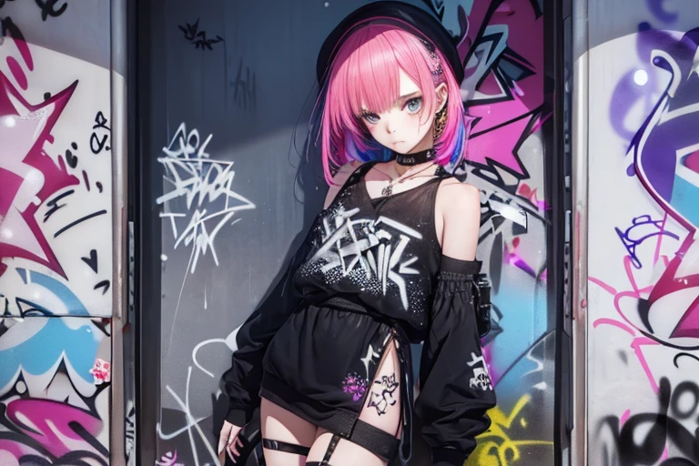 1girl, She wears cuteness-inspired clothing with crystal motifs, Her outfit is asymmetric, choker, (graffiti:1.5), paint splatter, staircase, looking at viewer, armband, thigh strap, head tilt, multicolored hair, (sensual pose, full shot), (dreamy:1.1), (Highly detailed), (high resolution), (Best quality), (masterpiece)