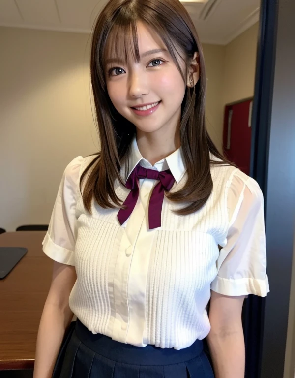 top-quality,8K,Masterpiece,超A high resolution,(Photorealsitic:1.3),Raw photo,glowy skin,1 super beautiful college girl,((super realistic details)),portlate,globalillumination,Shadow,octan render,ultrasharp,highly intricate detail,Realistic light,CGSoation Trends,Beautiful eyes,radiant eyes,(1girl,brown hair,short hair),(school uniform,ribon blouse,pleats skirt,bow tie),smile,holding hand,pov