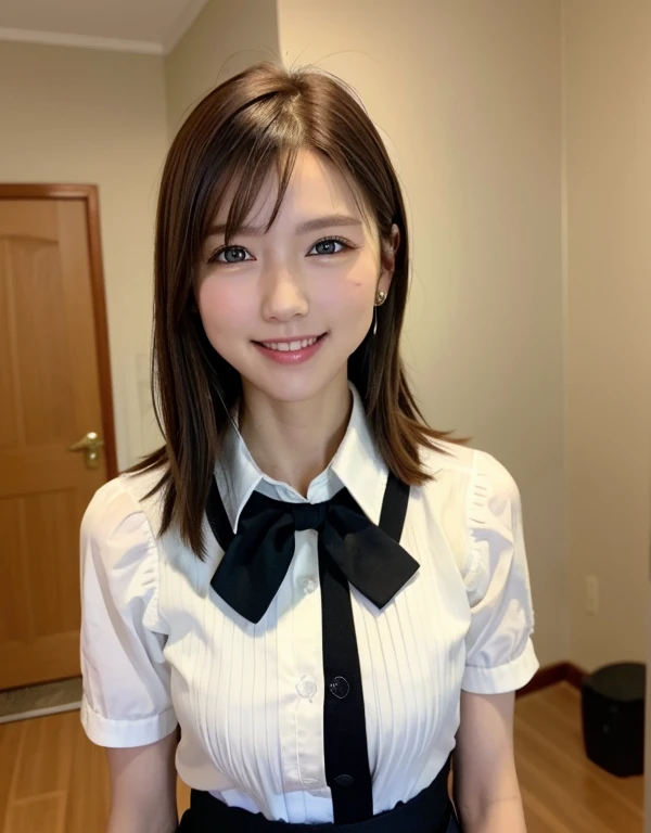 top-quality,8K,Masterpiece,超A high resolution,(Photorealsitic:1.3),Raw photo,glowy skin,1 super beautiful college girl,((super realistic details)),portlate,globalillumination,Shadow,octan render,ultrasharp,highly intricate detail,Realistic light,CGSoation Trends,Beautiful eyes,radiant eyes,(1girl,brown hair,short hair),(school uniform,ribon blouse,pleats skirt,bow tie),smile,holding hand,pov