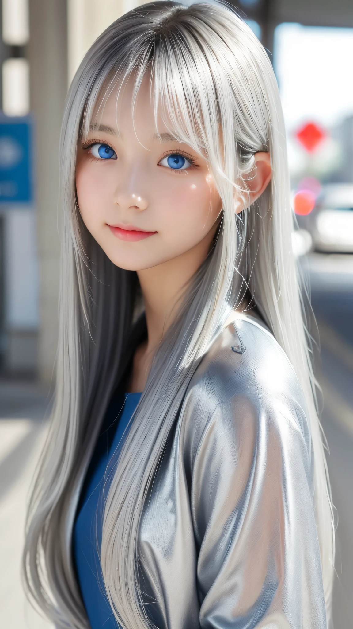 Shining, clear, white skin、Her windblown silver hair hides her beautiful face.、huge、28 years old cute sexy little beautiful face、Beautiful straight hair that stands out、growing up, Sparkling light blue eyes、long silky bangs that cover cute eyes, Sexy and cute young woman with super long hair hiding her sexy face、Shining silver hair