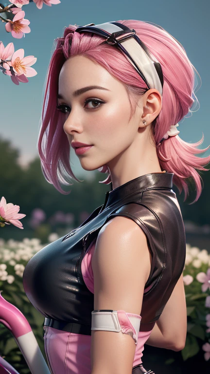 photo of celebrity, RAW, beautiful woman, ((portrait)), ((detailed face, colorful rainbow hair:1.2)), ((detailed facial feature, detailed skin, clear skin, parted lips), (perfect proportioned body, medium breasts, side boob), (wearing Sakura cosplay, hairband, forehead protector, sleeveless shirt, gloves, bike shorts: 1.5)), (high detailed peaceful gardens，The garden is filled with pink and white flowers: 1.3), (side profile, looking at camera: 1.25), (, realistic photo, best quality, detailed), (8k wallpaper), (cinematic lighting, dramatic lighting) (sharp focus, intricate)