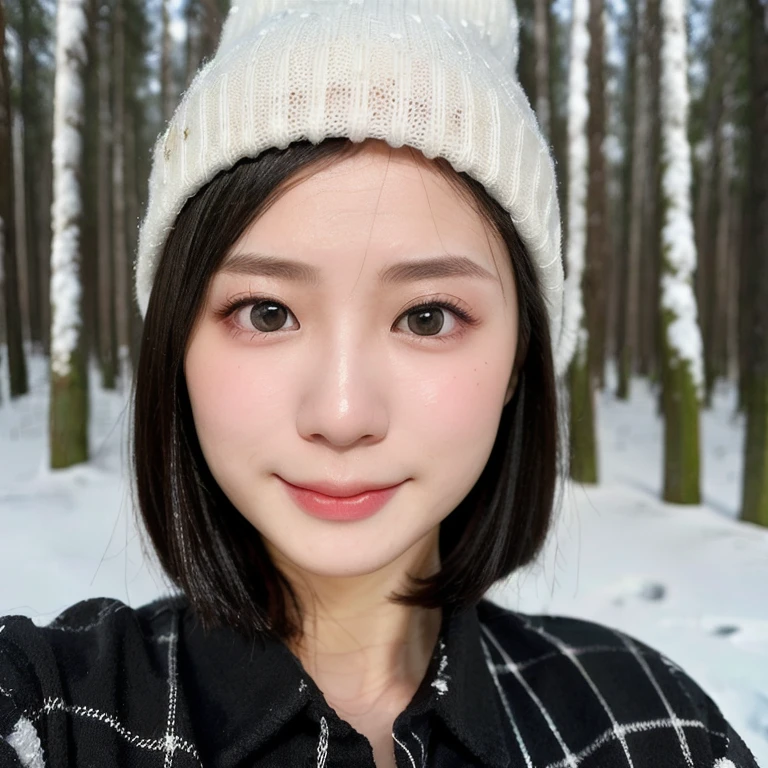 (kawaii 24 year-old Japanese girl, Nogizaka idol, Korean idol), (glossy black hair, short bob, even and symmetric hair design:1.3), (deep black eyes, rounded face, single eyelid, no makeup, soft smiling:1.2), (wearing longsleeved flannel shirt, knitted beanie:1.3), (extra small breasts:0.9), (looking at camera:1.2), BREAK, (snowy winter forest background:1.3), (dynamic angle, face focus:1.3), (keep enough top margin to avoid the head cropped:1.3), BREAK, (masterpiece, best quality, photo realistic, official art:1.4), (UHD, 8K quality wallpaper, high resolution, raw photo, golden ratio:1.3), (shiny skin), professional lighting, physically based rendering, award winning, (highly detailed skin, extremely detailed face and eyes), Carl Zeiss 85 mm F/1.4, depth of field, 1girl, solo,