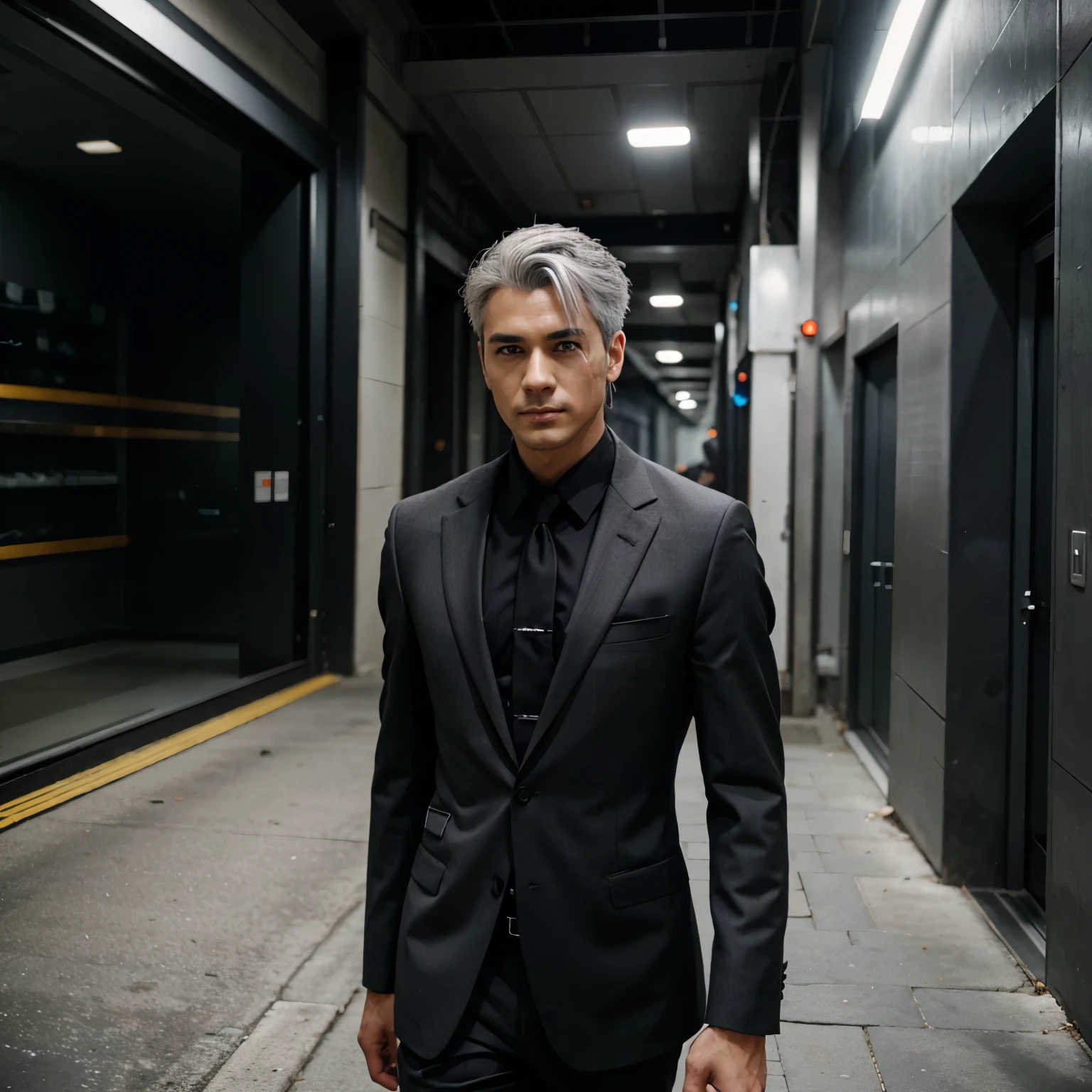 Male Anime, Gray hair, Wear a black suit, 