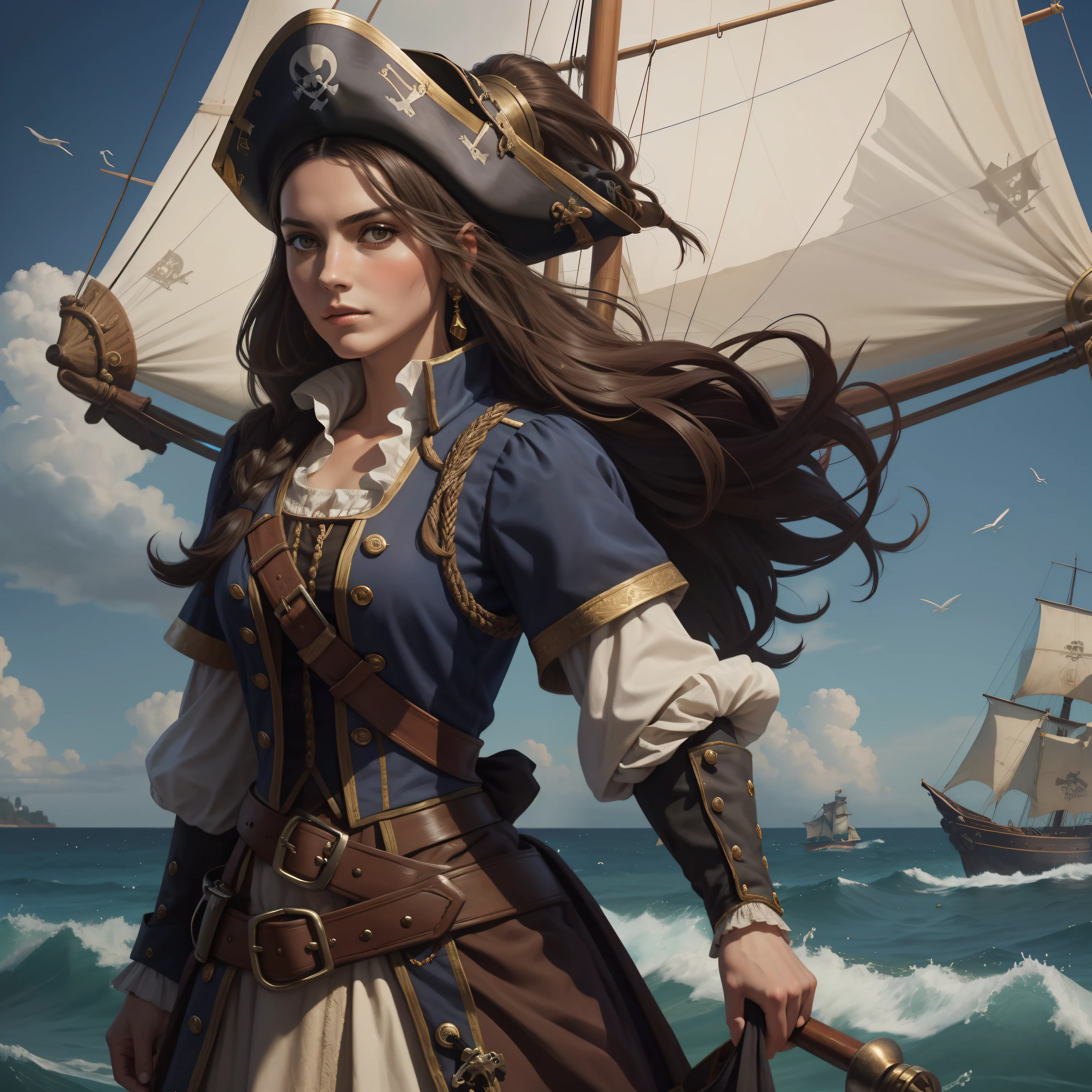 Brunette pirate woman in 17th century Spanish uniform, feathered tricorn, vento, bela arte digital, fundo do navio pirata