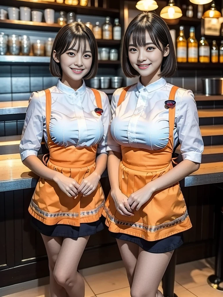 (highest quality),(8K),(masterpiece),(high resolution),(Crisp image quality),(Photorealistic:1.3),Three Women,The background is a cafe,Cafe attendant costume,Larger breasts、Short Hair,Full Body Shot,Waitress Uniform,smile,another々Face