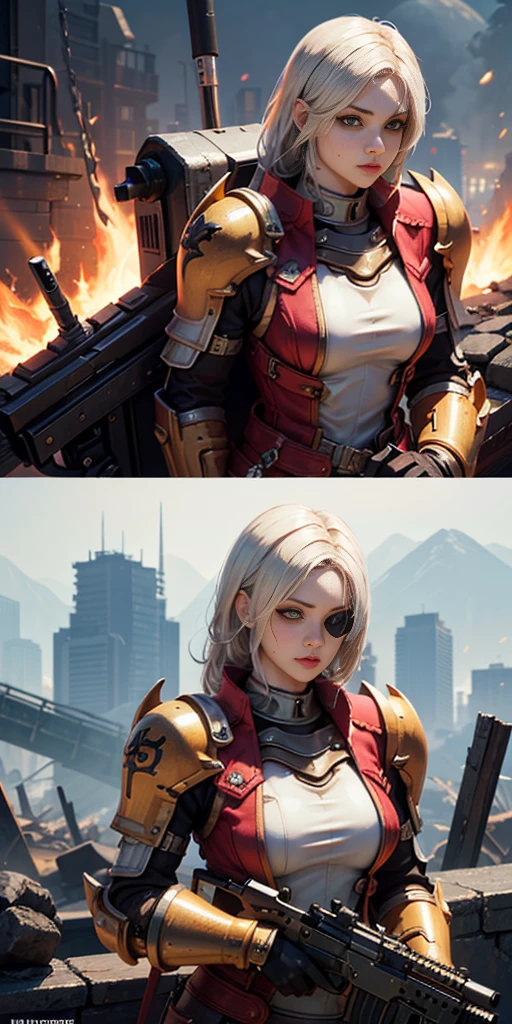 (masterpiece:1.2), (best quality:1.2), perfect eyes, perfect face, perfect lighting, 1girl, mature whsororitas with a laser rifle in her hands, scar over one eye, eyepatch, red tabard, white hair, warhammer 40k, chaos, fire, scifi, detailed ruined city background, power armor