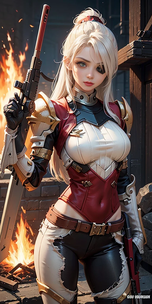 (masterpiece:1.2), (best quality:1.2), perfect eyes, perfect face, perfect lighting, 1girl, mature whsororitas with a laser rifle in her hands, scar over one eye, eyepatch, red tabard, white hair, warhammer 40k, chaos, fire, scifi, detailed ruined city background, power armor