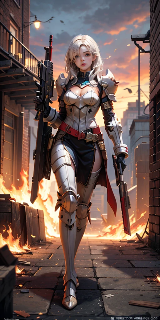 (masterpiece:1.2), (best quality:1.2), perfect eyes, perfect face, perfect lighting, 1girl, mature whsororitas with a laser rifle in her hands, scar over one eye, eyepatch, red tabard, white hair, warhammer 40k, chaos, fire, scifi, detailed ruined city background, power armor