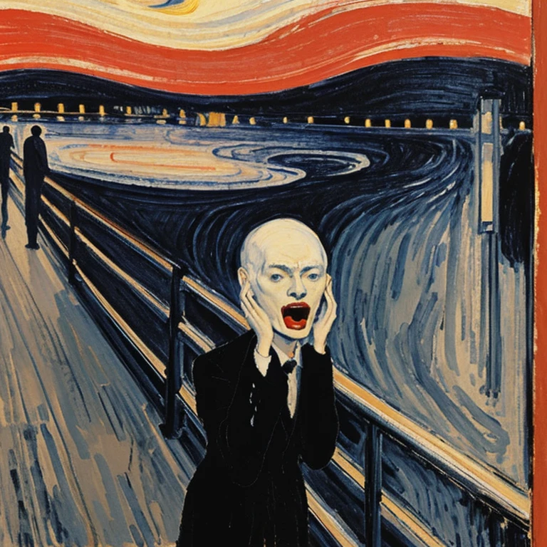 A painting,A man in a black suit is talking on his cell phone., the Scream painting, the Scream, author:Edvard Munch, author:Munch, Edvard Munch, inspired author:Edvard Munch, Gustav Munch-Peterson, inspired author:Munch, Scream, inspired Gustav Munch-Peterson, Edvard Munch 约翰·伯基, Screaming in pain, Vincent van Gogh,black and white style,Ink Painting